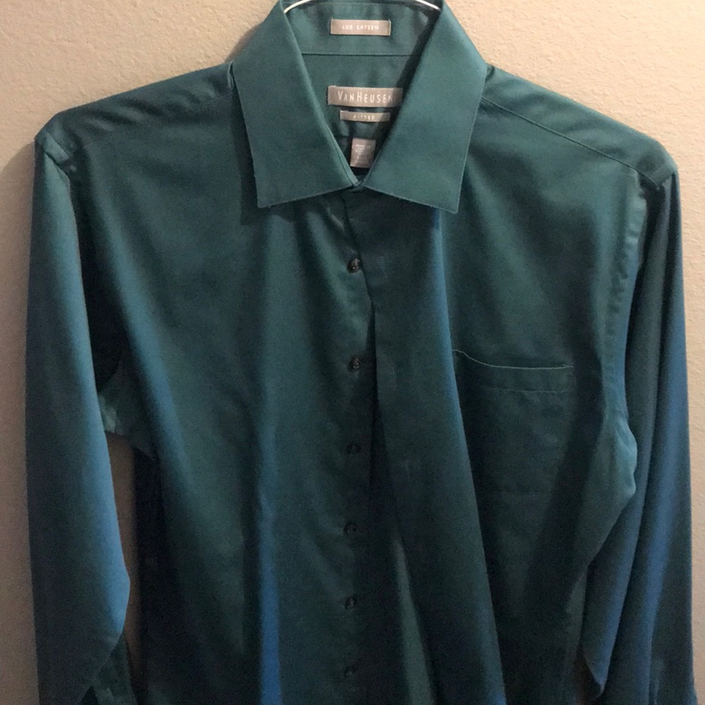 Van Heusen Dress Shirt Green 15.5 34/35 Lux Sateen